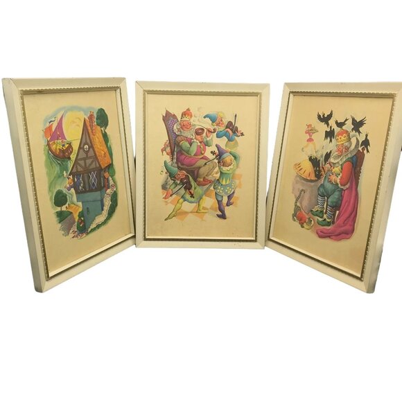 Vintage Mother Goose Nursery Rhyme Wall Art Framed Penn Prints Set Of 3 1940s